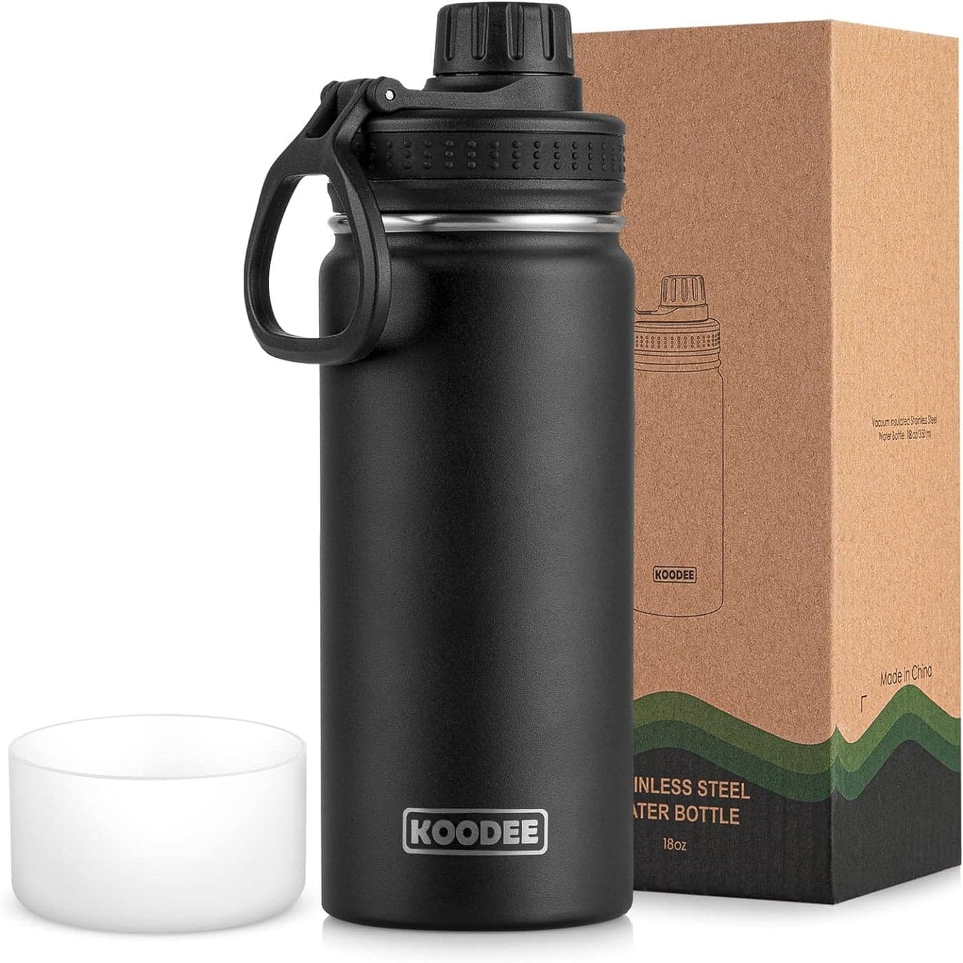 Koodee Insulated Water Bottle 18 oz Stainless Steel Double Wall Vacuum Wide Mouth Sport Bottle with Leakproof Spout Lid Black