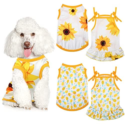Frienda 4 Pieces Pet Clothes Set Include 2 Pieces Cute Pet Dress Lovely Dog Dress and 2 Pcs Breathable Dog T Shirt Puppy Clothes(Pineapple, Sunflower,Medium)