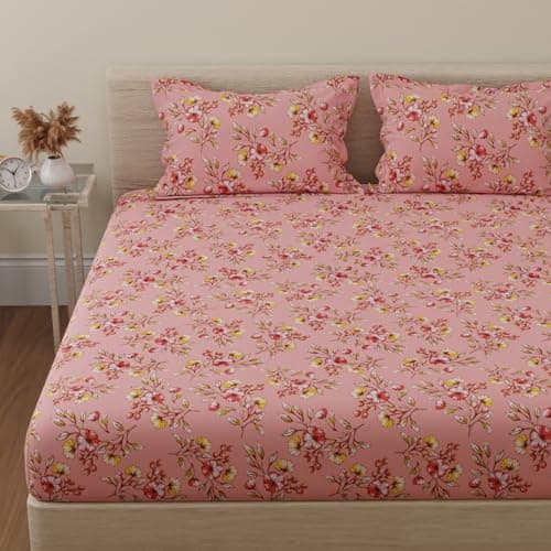 HUESLAND by Ahmedabad Cotton 144 TC Cotton Bedsheet for Double Bed King Size with 2 Pillow Covers | Peach & Pink