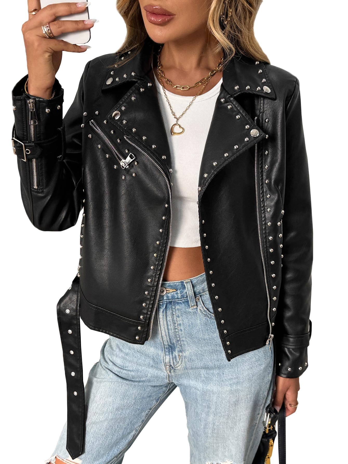 LY VAREY LIN Studded Faux Leather Moto Jacket Women Black PU Biker Coat with Rivets Punk Style (US, Alpha, Large, Regular, Regular, Black)