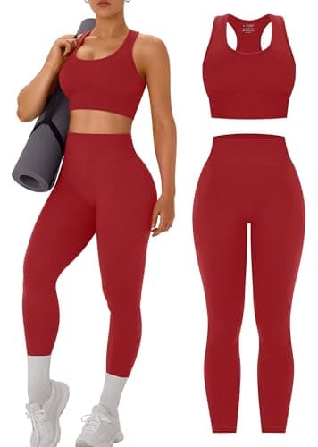 OLCHEE Womens Workout Sets 2 Piece - Acid Wash Seamless Yoga Outfits High Waist Leggings Padded Racerback Sports Bra Gym Set - Solid Red Small
