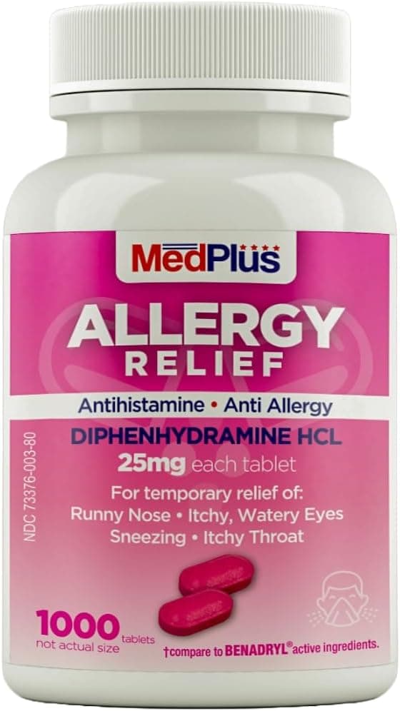 MedPlus Allergy Relief Medicine, 25 mg, 1000 Tablets | Diphenhydramine Hcl | Antihistamine | Relief for Indoor & Outdoor Allergies - Made in USA