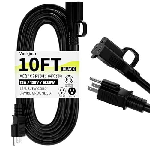 163 Black Indoor Outdoor Extension Cord 10 Ft Waterproof Extension Cord with 3 Prong Grounded Plug13A 1625W 16AWG SJTW Flexible Weatherproof Power Cable for Offices Gardens and Lawns