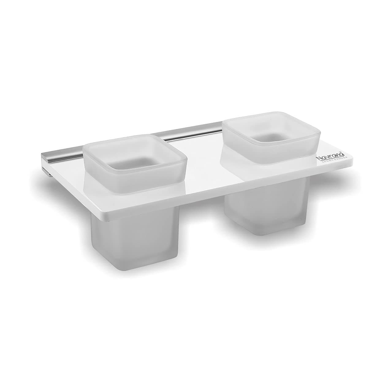 Navrang Innovations Acrylic 8 mm Dual Tumbler Holder for Bathroom with Glass Tumbler White