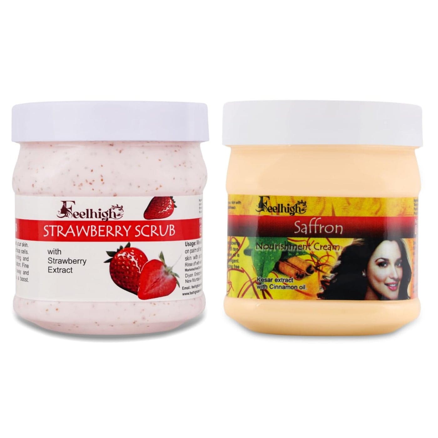 Combo Strawberry Face Body Scrub 500ml Enriched with Strawberry Extract for Dead Skin Cell Removal and Hydration Saffron Face Moisturizing Cream 500ml Enriched with Saffron Extract Pack of 2 Men and Women Facial Kit