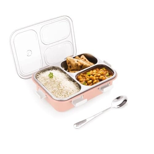 ATTRO Bento 3 Compartment Stainless Steel Lunch Box with Steel Cutlery Inside, Heating & Water Insulation Design Use for Office, School & Travelling, 750 Ml - Pink