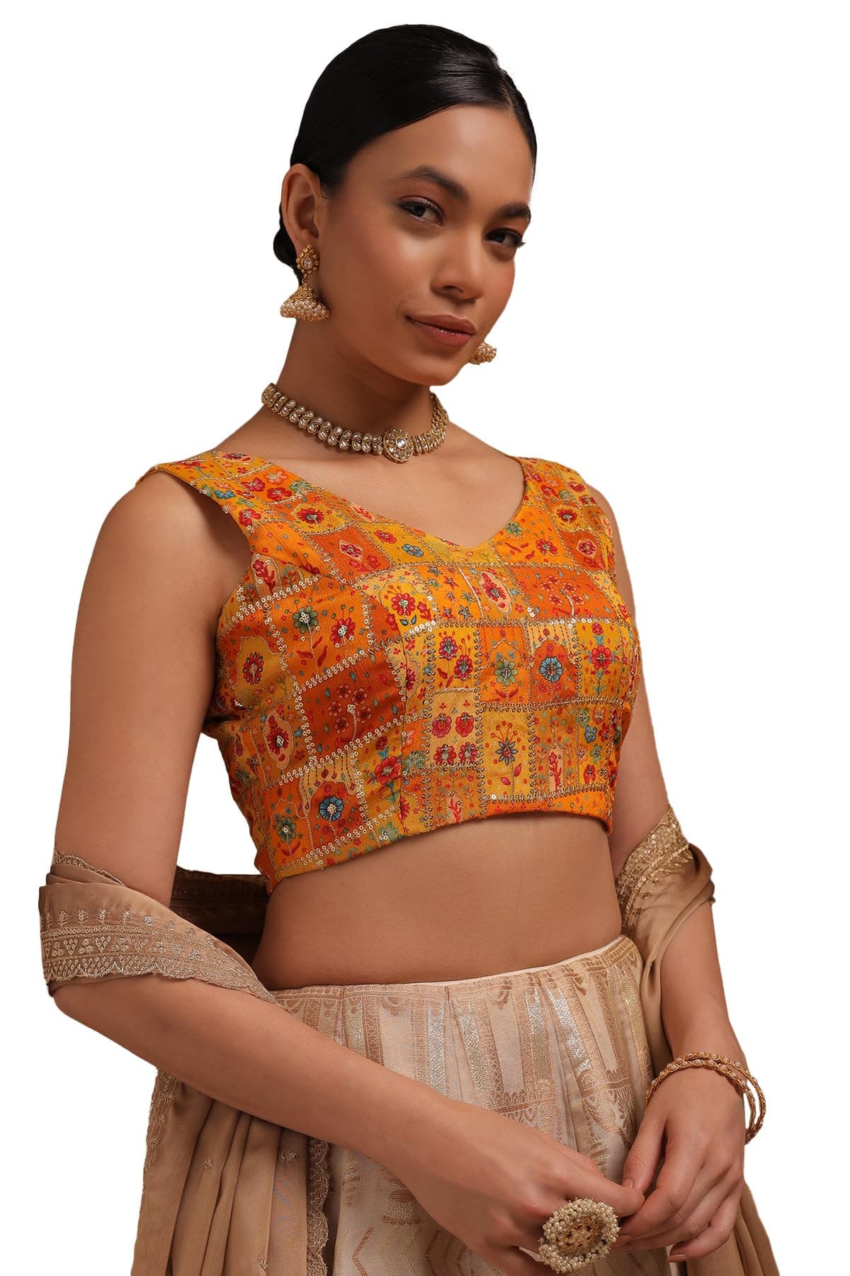 Soch Womens Yellow Georgette Floral Print Padded Blouse with Zari