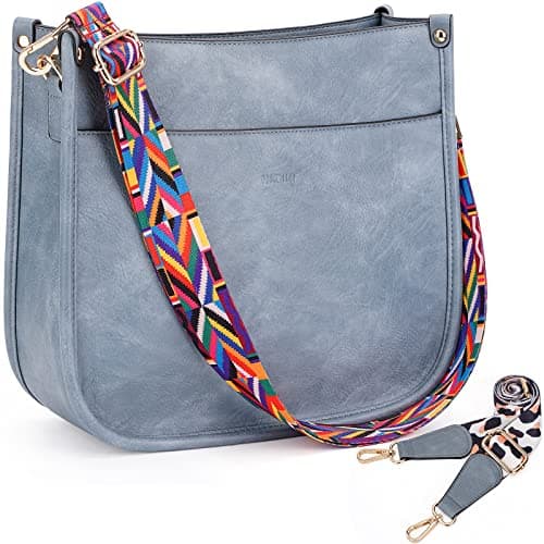 HKCLUF Crossbody Bags for Women Trendy Vegan Leather Hobo Handbags With 2 Adjustable Guitar Strap Crossbody Bucket Purse for Women(Blue)