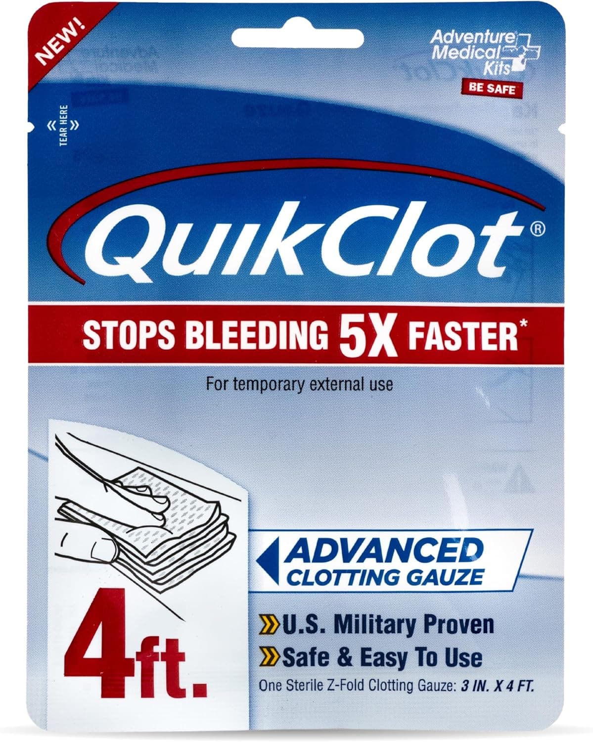 Adventure Medical Kits QuikClot Gauze - Gauze for Emergency Survival Kit, Doomsday Prepping Supplies & More - Stops Bleeding Fast with Kaolin - Flexible Hemostatic Medical Gauze - 3" x 48"