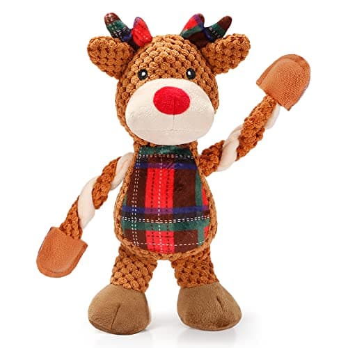 Senneny Dog Christmas Toys Reindeer Classic Red Green Tartan Plaid Squeaky Toys for Dogs Puppy Stuffed Plush for Large Medium Small Dogs Interactive Durable Dog Chew Toys