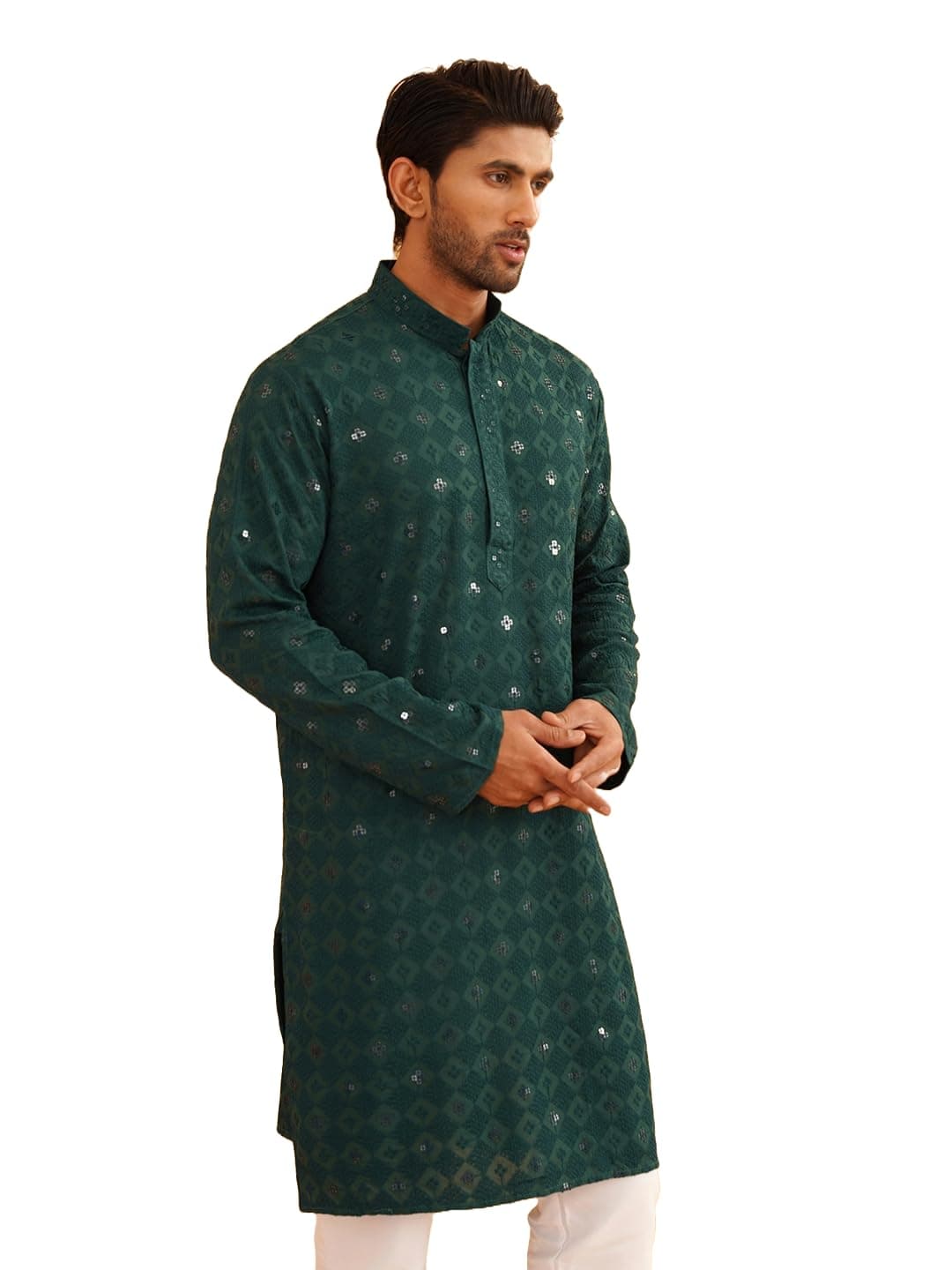SOJANYA (Since 1958 Men's Cotton Embroidered Sequinned Green Long Kurta Size 40