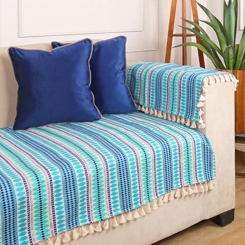 STITCHNEST Woven 2 Seater Sofa Protector with 2 Hand Rest Covers – Blue & White Stripe Design – Washable Fabric with Tassels – Stylish Sofa Cover for Modern Living Room & Furniture Décor