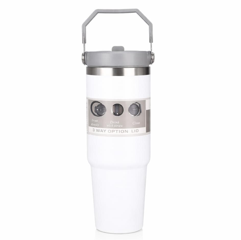 HomeCloud Travel Mug - 30 oz / 890 ml Double Wall Insulated Tumbler with Straw | Premium Steel Coffee Mug for Hot & Cold Drinks | Leak-Proof Design (Terminal Handle_White)