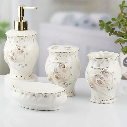 Kookee Ceramic Bathroom Set – Stylish 4 Piece Bath Accessories Kit with Soap Dispenser, Toothbrush Holder, Tumbler & Soap Dish – Modern & Designer Decor, White/Silver/Gold (10102)