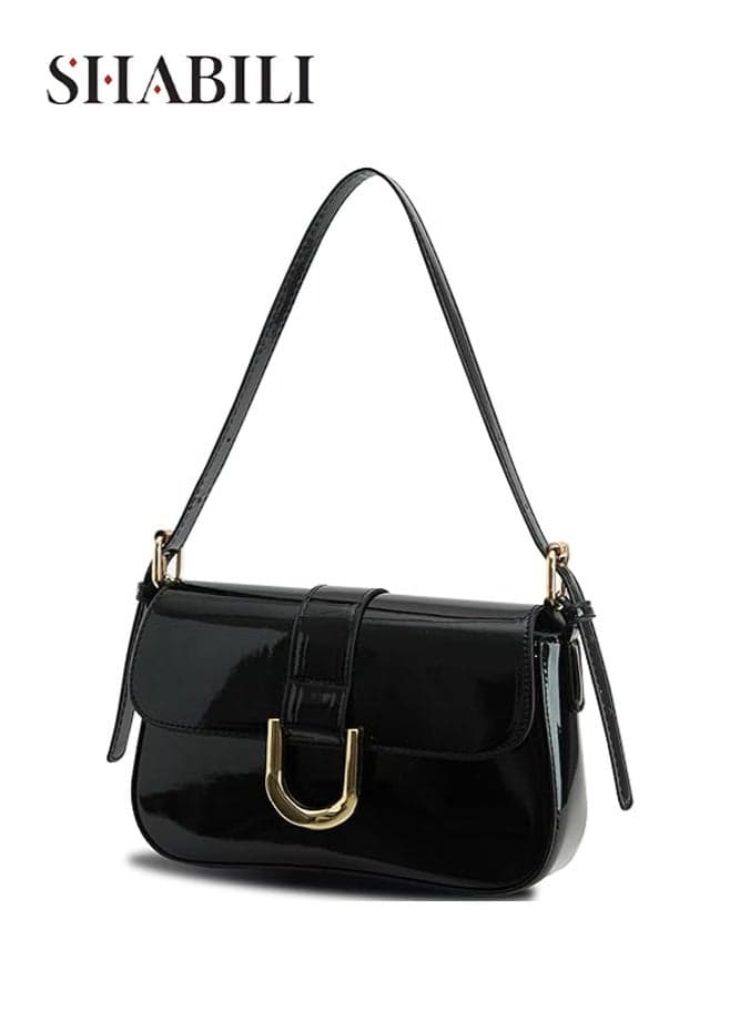 Women's PU Classic Saddle Crossbody Bag, Ladies Shoulder Bag Handbag with Metal U Buckle and Glossy Finish, Daily Commuting Satchel Bag Messenger Bag for Work Travel and Casual Outings (Black)