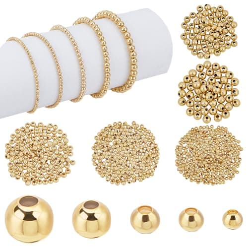 PH PandaHall 695pcs 18K Gold Spacer Beads 5 Sizes Seamless Smooth Beads 2/2.5/3/4/5mm Loose Bead Tiny Ball Bead for Summer Hawaii Layered Necklace Bracelet Jewelry Making