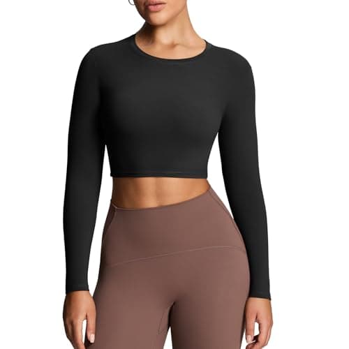 Aoxjox Long Sleeve Crop Tops for Women Classic Longline Workout Fitness Cropped T Shirt Top (Black, Medium)