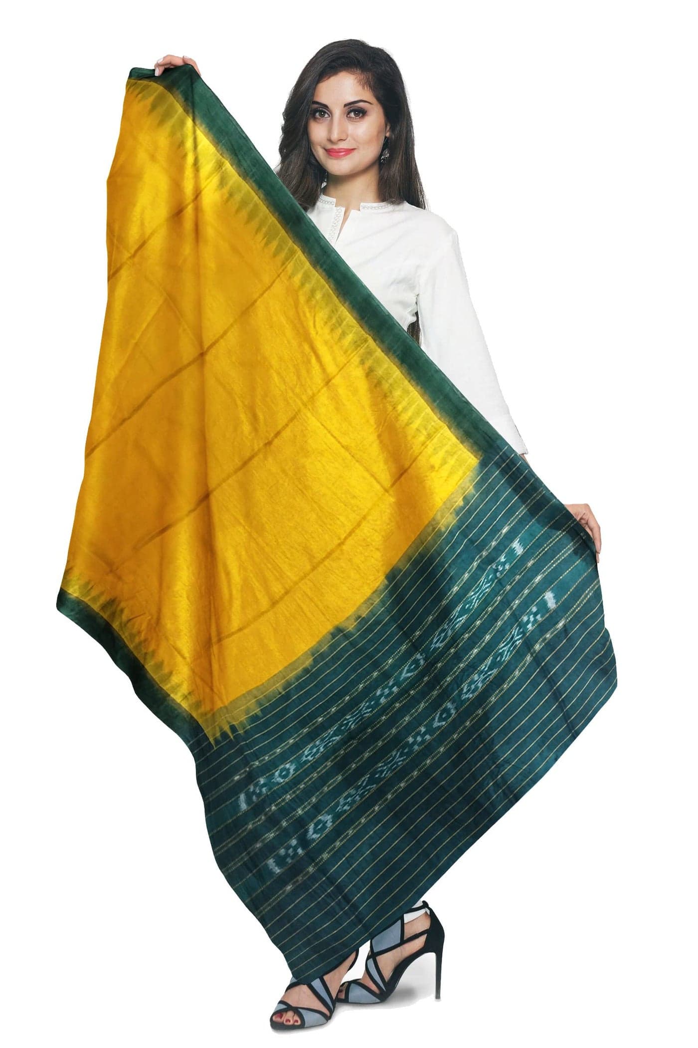 BTHIKIRI Odisha Sambalpuri Handloom Cotton Dupatta with weaving and Ikat woven border from the Weavers of Odisha Temple Border & Stole For Girls & Women (Bottle Green,Yellow,BTHI 2132)