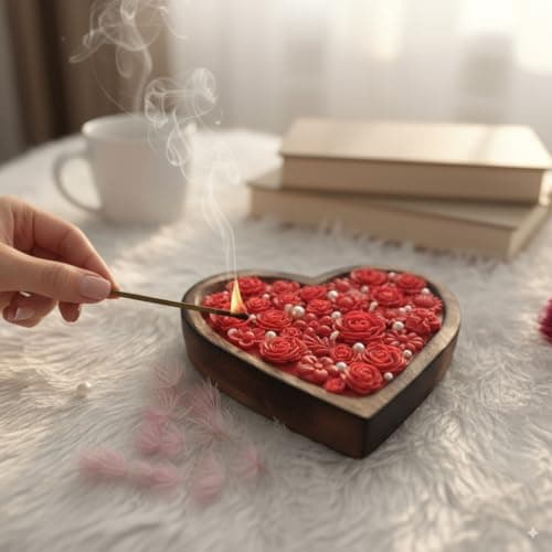 Decorative Heart-Shaped Wooden Bowl Candle with Red Rose Design and Pearl Accents