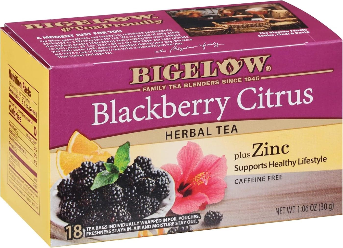 Bigelow Tea Blackberry Citrus Herbal Tea with Zinc, Caffeine Free, 18 Count Box (Pack of 6)