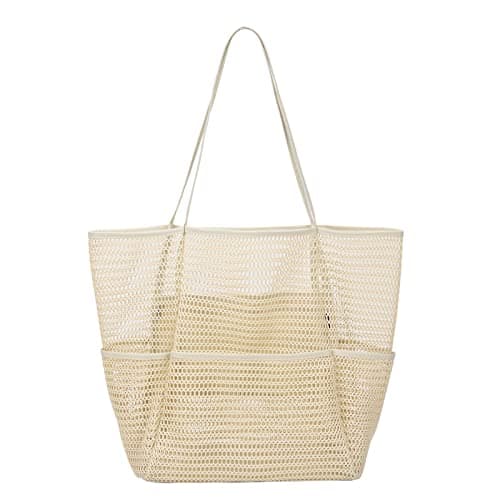 Tainehs Beach Bag - Mesh Tote Bag for Women Waterproof Pool Bag for Travel Family Pool Beach Vacation Cruise Essentials Beige