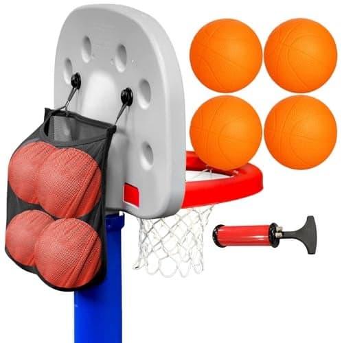 Set of 4 Mini Basketballs with Storage Net Designed for Little Tikes Basketball Hoop Backboard Mounted IndoorOutdoor Use for Kids 7 Inflatable Toy Balls with Hand Pump
