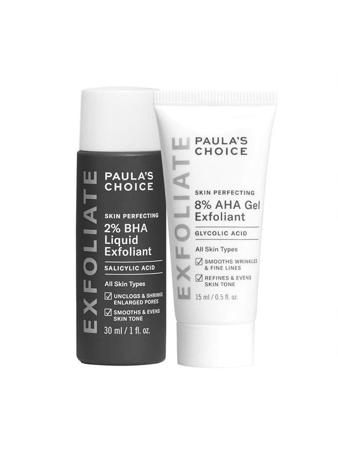 SKIN PERFECTING 8% AHA Gel Exfoliant & 2% BHA Liquid Travel Duo, Facial Exfoliants for Blackheads & Wrinkles, Face Exfoliators w/Glycolic Acid Salicylic Acid