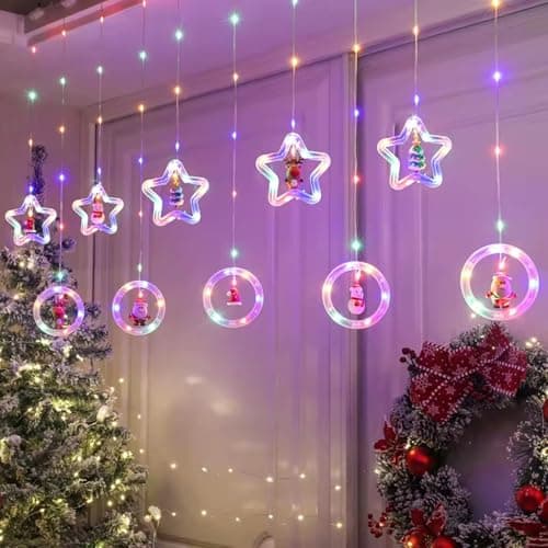 The Purple Tree Decorative Christmas Star and Ring Curtain Lights for Christmas (2.5 mtr, 138 LED, 6+6), Multicolor Curtain String Lights with 8 Flashing Modes,