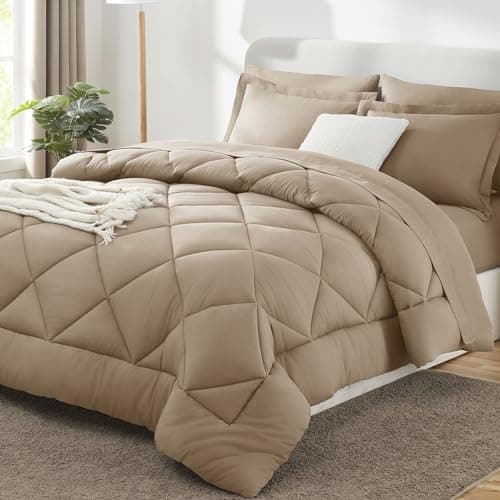 CozyLux King Size Comforter Set Taupe 7 Pieces Bed in a Bag King Luxury Soft Bed Set for All Seasons Bedding Set with Down Alternative Comforter Sheets Pillowcases Shams
