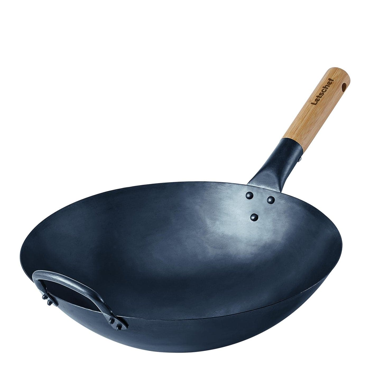 Letschef Preseasoned Carbon Steel Wok 14 Inches Hand Hammered Chinese Traditional Wok and Stir Fry Pan Round Bottom with Bamboo Handle PFOA Free Cookware
