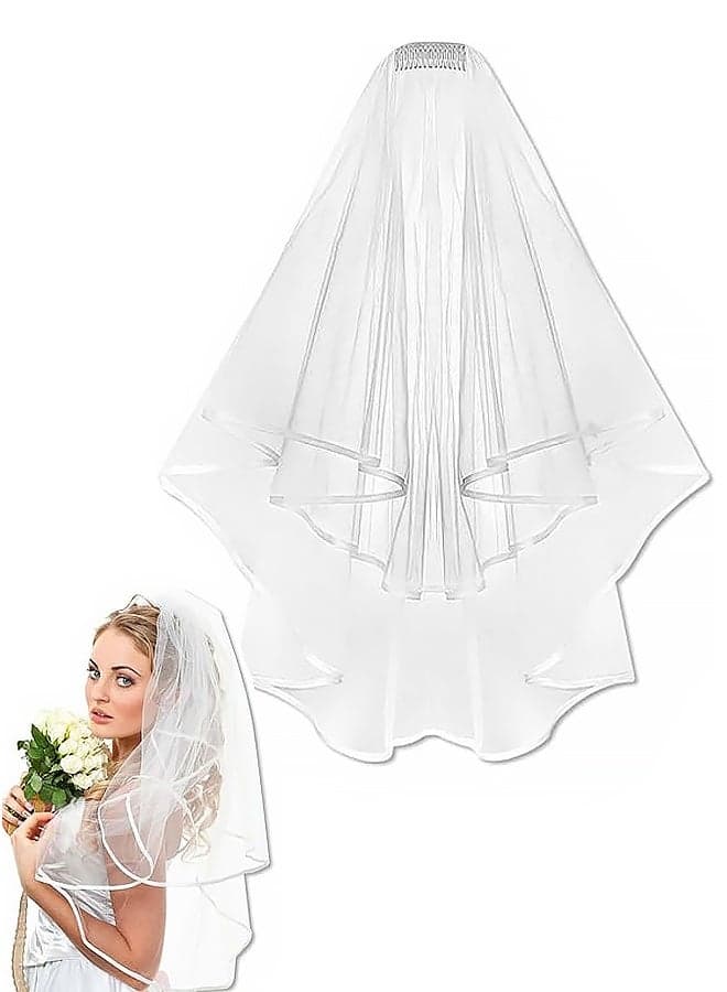 Bridal Veil White Double Ribbon Edge Wedding Veil with Comb for Wedding Bachelorette Party
