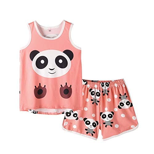 MyFav Big Girls Sleeveless Pajama Sets Cute Panda Polka Dot Sleepwear Loungewear (Panda, 12 Years)