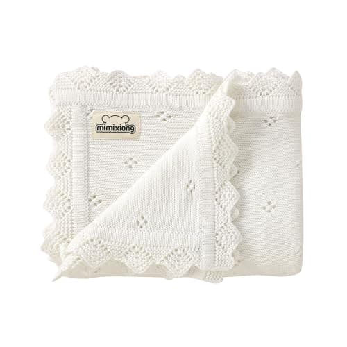 mimixiong Cotton Baby Blanket Knitted Crochet Receiving Crib Nursery Swaddling Blankets for Newborn Baby Boy Girl Off White 30x40 Inch