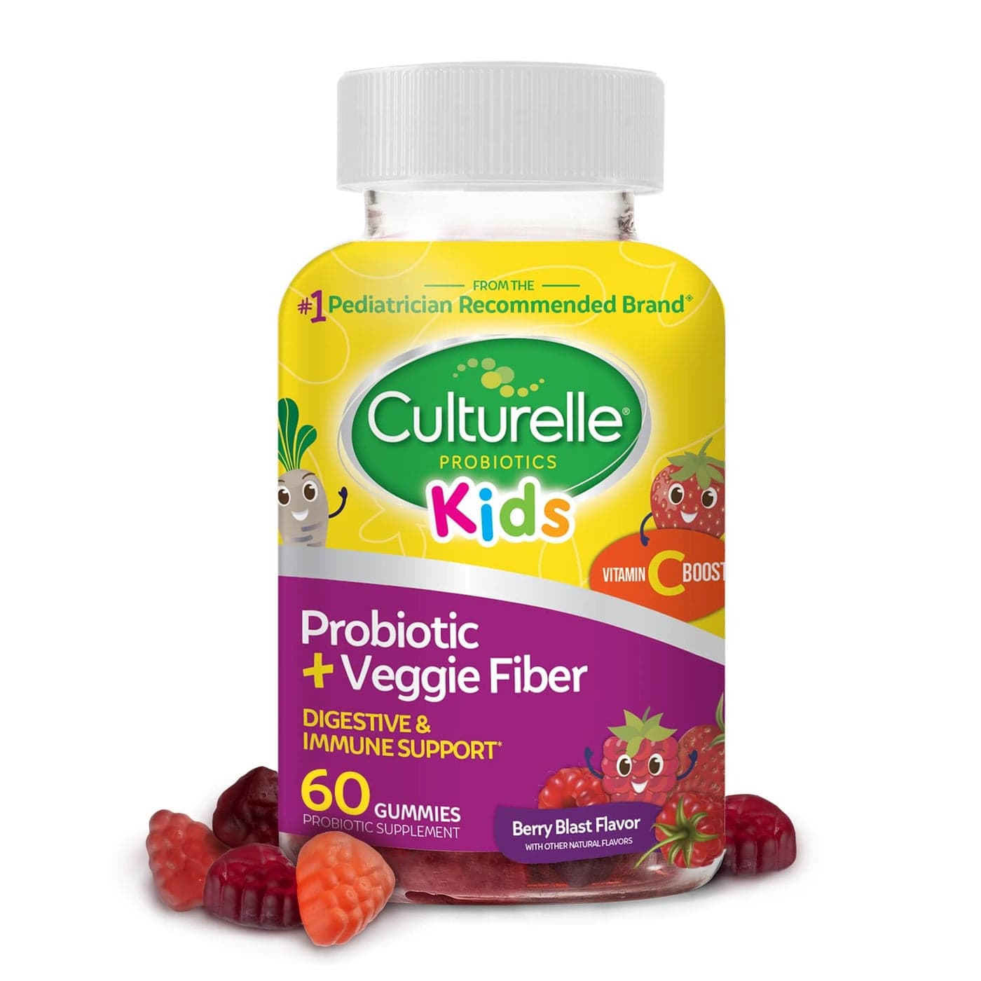 Culturelle Daily Probiotic for Kids Veggie Fiber Gummies Ages 3 60 Count Digestive Health Immune Support Berry Flavor with a Vitamin C Boost