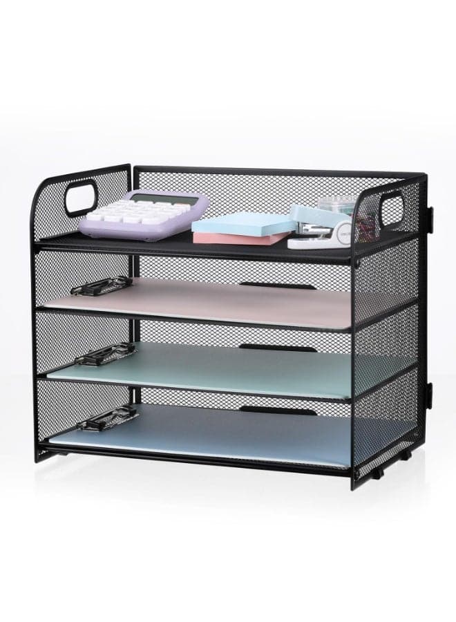 4-Tier Desk Organizer Paper Tray with Handle, Mesh Desk File Organizer Letter Tray for Office Supplies