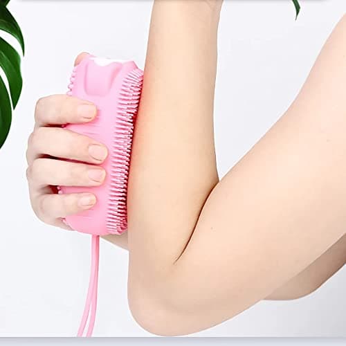 FAVHOME Silicone Bath Brush - Double Sided Shower Scrubber with Sponge - Gentle Exfoliation, Scalp Massage, Improves Circulation - Random Color