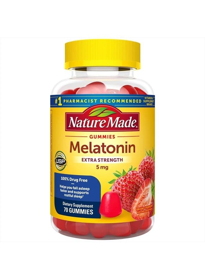 Melatonin 5mg Extra Strength Gummies, 100% Drug Free Sleep Aid for Adults, 70 Melatonin Gummies, 70 Day Supply
