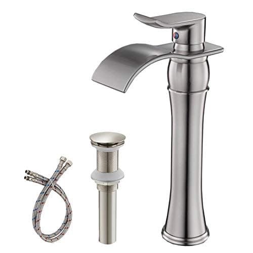 BWE Vessel Sink Faucet Brushed Nickel Single Hole Commercial Waterfall Bathroom Faucet with Pop Up Drain Without Overflow and Supply Line Modern Tall Faucet Bath Sink Lavatory Mixer Water Tap