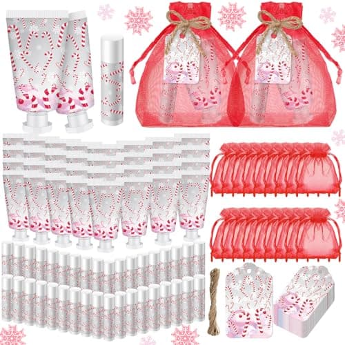 Linyuthia 24 Sets Christmas Candy Cane Pattern Hand Cream and Lip Balm Gifts Bulk Candy Apple Hand Lotion for Women Travel Size Xmas Wedding Shower Favors for Guests