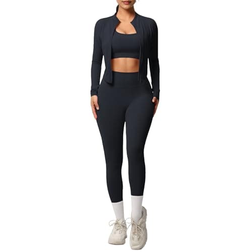 MUMANAIXI 3 Piece Women’s Workout Set – Zip-Up Jacket, Cross Back Sports Bra & High-Waist Leggings – Stretchy Breathable Yoga Outfit for Gym, Running, Fitness, Daily Wear