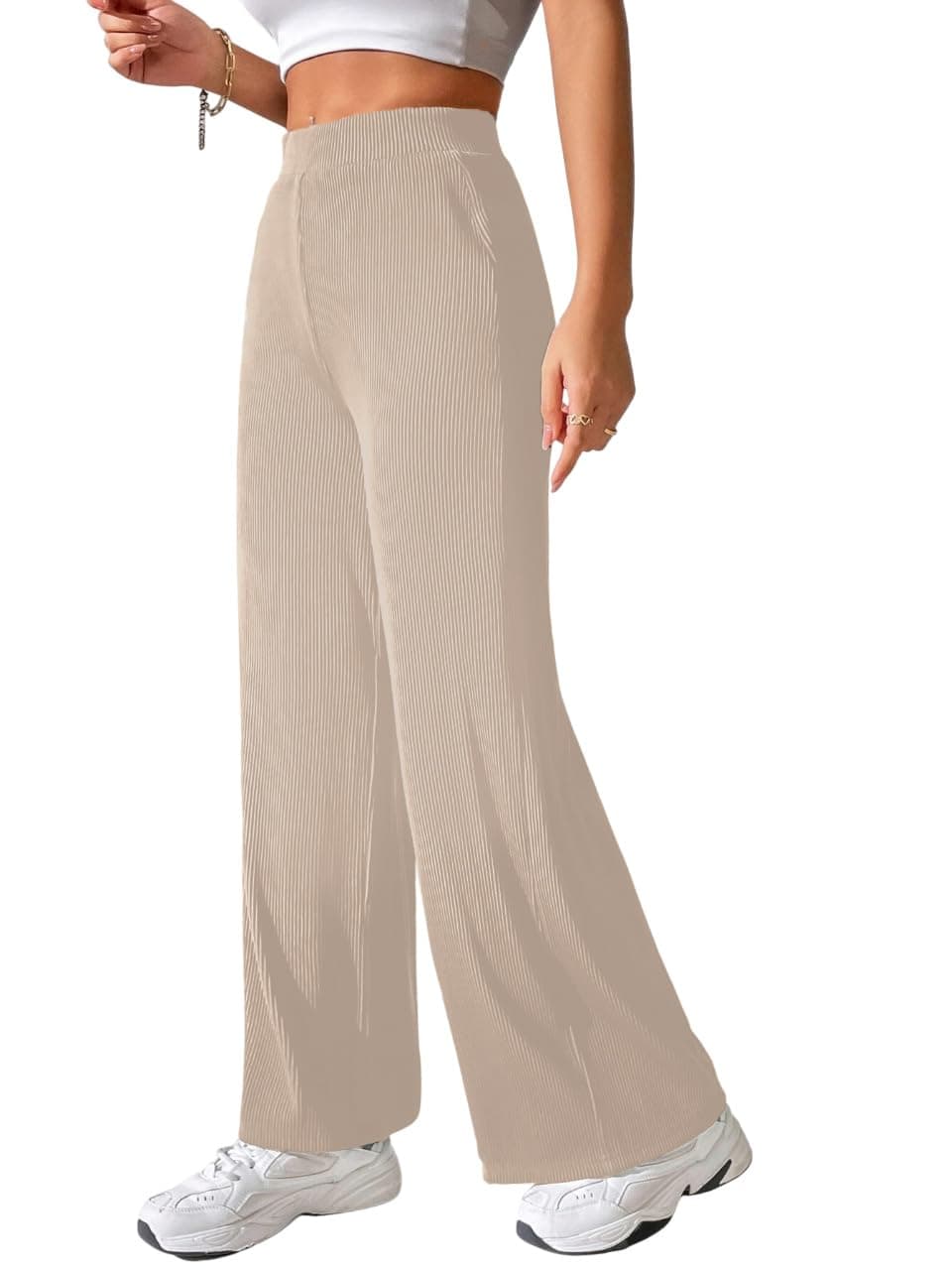 Preneum Women High Waist Korean Wide Leg Trousers, Loose Fit Casual Lounge Pants, Travel, Office & Streetwear Comfortable Stylish Bottom Wear (Available Plus Size) Cream