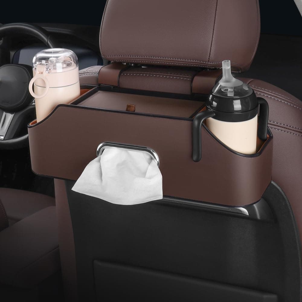 HAOTULE New car headrest Rear seat Multifunctional Storage Box partition Design with Cup Holder Tissue Box headrest Hook Suitable for Children and Adults car Travel AccessoriesCoffee Color