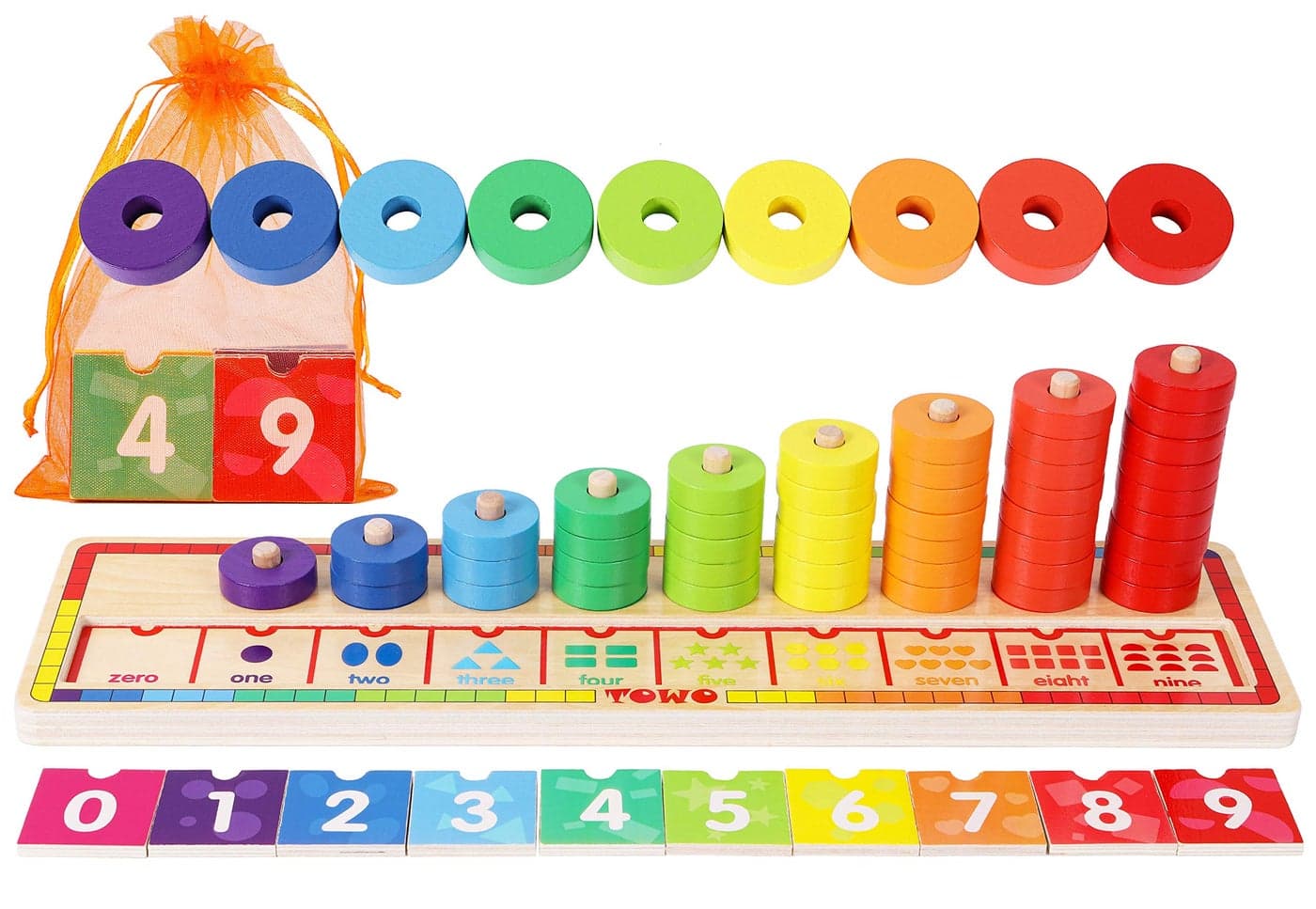 TOWO Wooden Stacking Rings and Counting Games with 45 Rings Number Blocks Counting Ring StackerWooden Sorting Counting Toy for 3 Years Old Kids Maths Learning Montessori Materials