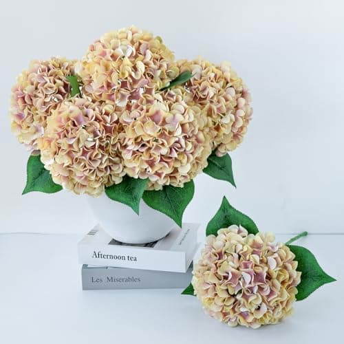 ZYTUYO 5 Pcs Champagne Mauve Silk Hydrangeas Artificial Flower Boho Dried Touch 20 Faux Hydrangeas for Indoor Home Decor Kitchen Living Room Outdoor Porch Wedding Flower Arrangement