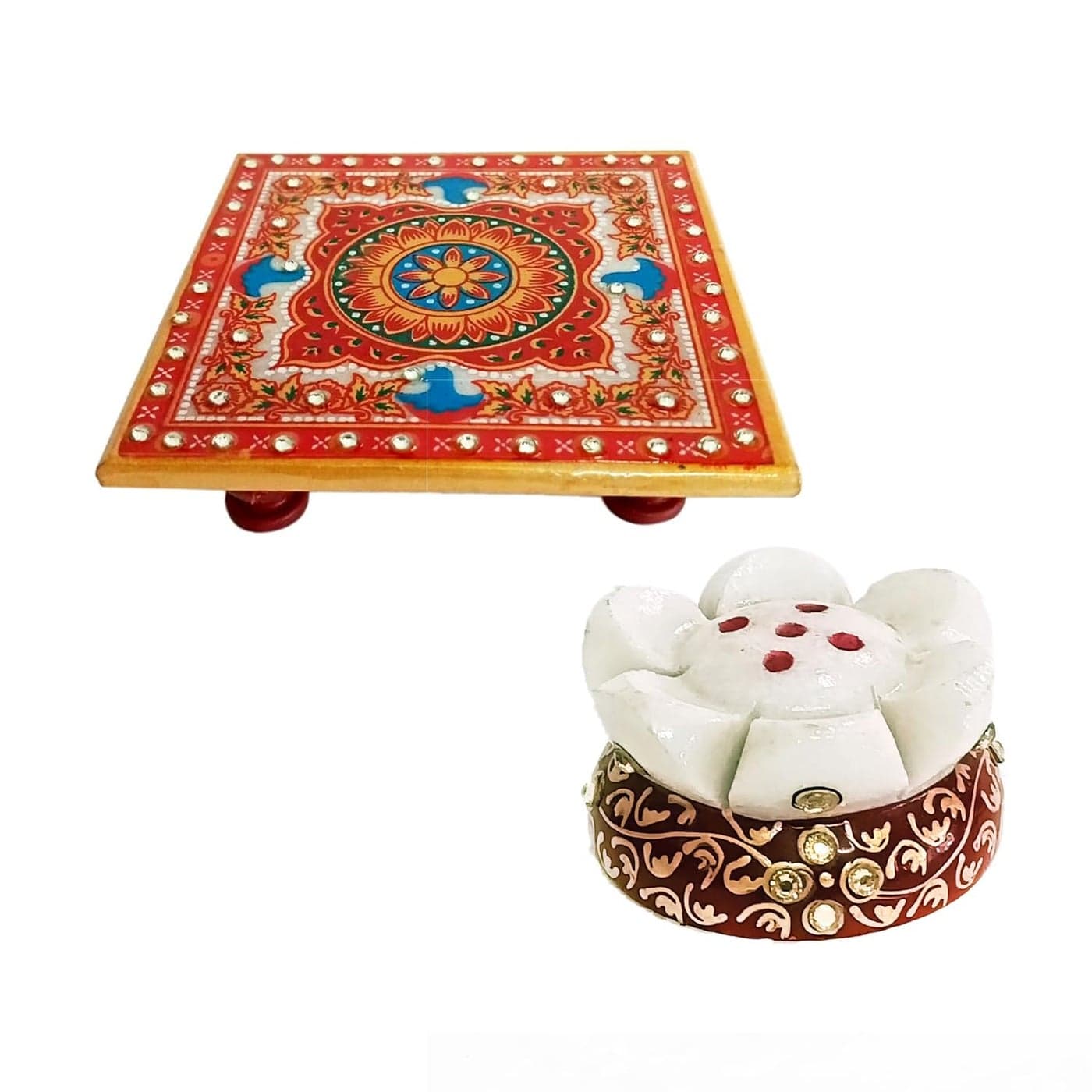 Handicraft Kingdom Premium Square Marble Pooja Chowki for God Idols Hand Painted Small Puja Table Aasan Temple Bajot Home Decor 4x4 Inch
