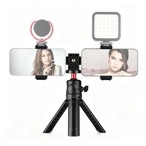 Andoer Multifunctional Smartphone Video Kit Including Universal Phone Tripod Mount with Dual Phone Holders 4 Cold Shoe Mounts Desktop Tripod for Vlog Live Streaming Oline Video Teaching Meeting