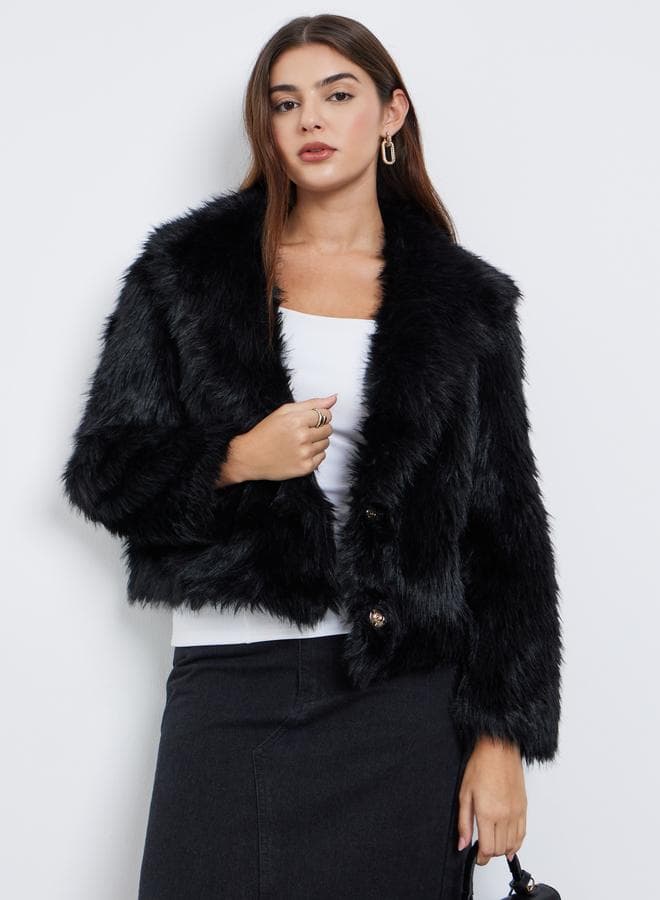 Women Black Regular Fit Cropped Faux Fur Jacket