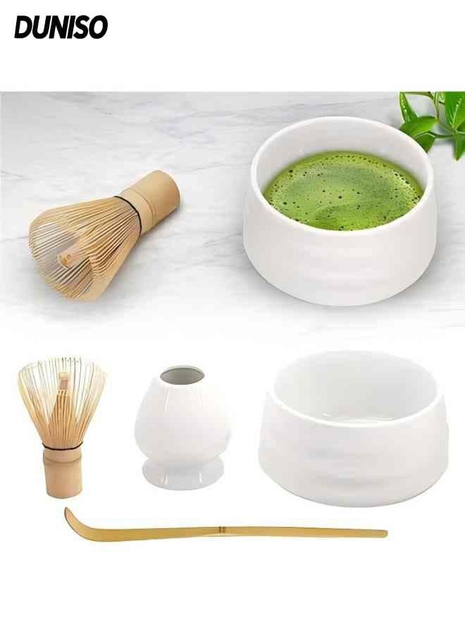 Matcha Set,Matcha Tea Set,4Pcs Japanese Matcha Whisk Set Including Whisk, Traditional Scoop, Whisk Holder, Matcha Bowl,Traditional Handmade Matcha Tea Tool (White)