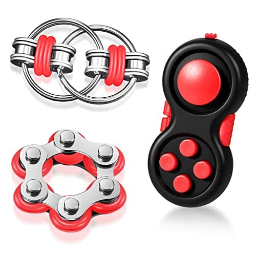 Gejoy 3 Pcs Fidget Toys Adults Set Handheld Fidgets Controller Pad Game Six Roller Chain Key Flippy Chain Autism Sensory for ADHD Add OCD Autism Anxiety Stress Relief Teen KidsBlack and Red