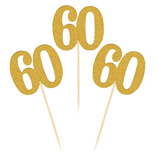 Festiko®50pcs 60th Cupcake Toppers Gold Glitter Number 60 Cake Picks for Birthday Anniversary Party Decoration